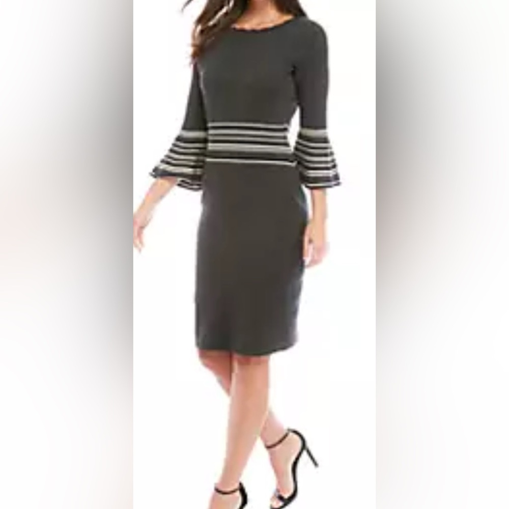 Danny & Nicole Dress Sweater Gray With Stripes At Waist & 3/4 Bell Sleeve EUC L👍